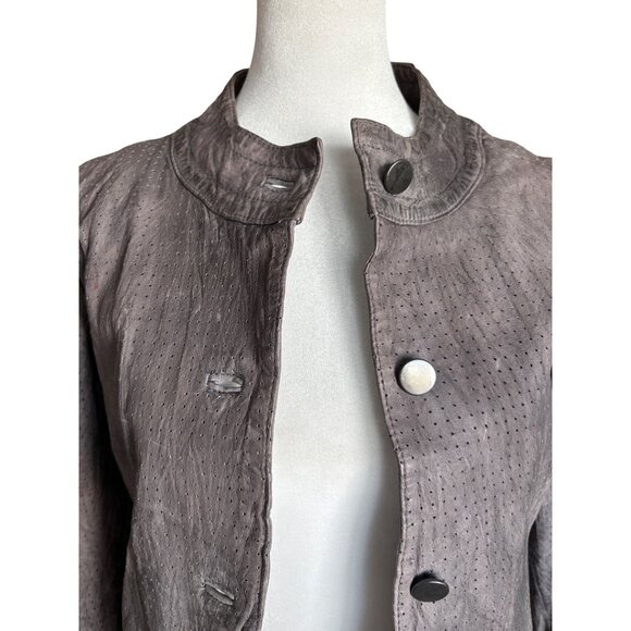 7 For All Mankind Womens Gray Leather Perforated Jacket Red Lining Grunge Moto - Picture 2 of 11